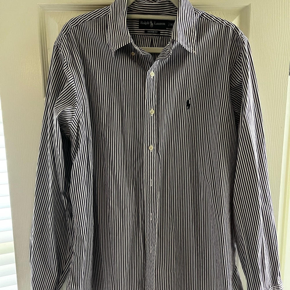 Purple and white stripped Polo custom fit button down. Size XL.